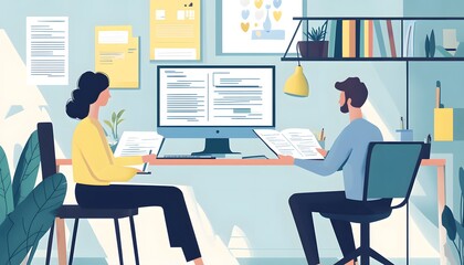 Two People Working at a Desk in an Office