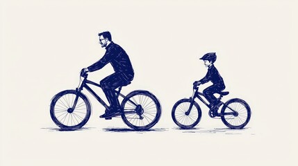 Obraz premium Hand Drawn Illustration of Father and Son Cycling Together