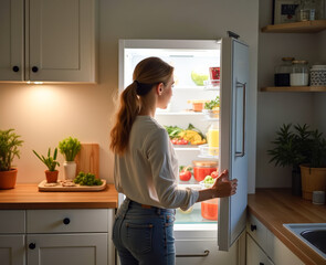 a woman stands in front of an open refrigerator with a view from the back, chooses what to eat