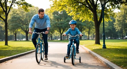 Fototapeta premium Dad patiently teaching his son how to cycle in the park