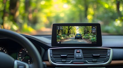 Fototapeta premium Rearview camera system in a modern car displaying a 360-degree view for safe reversing