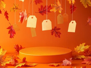 2408 37.A podium decorated with autumn leaves in rich tones of red, orange, and gold, with floating discount tags hanging above. The backdrop is a bright orange, with gently falling leaves creating a