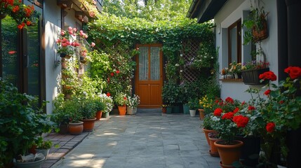 Beautiful backyard garden is flourishing during the summertime