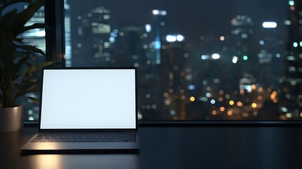 Fototapeta premium mockup of an open laptop on a modern office desk, with a blank screen ready for design placement, and a blurred cityscape view outside the large window
