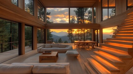 Home automation system controlling lights, music, and shades in a cozy modern living room