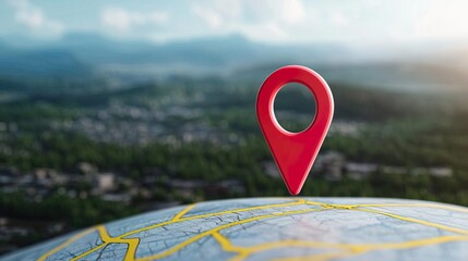 A red location marker positioned on a map background, designed as a banner in a 3D, 8k resolution.