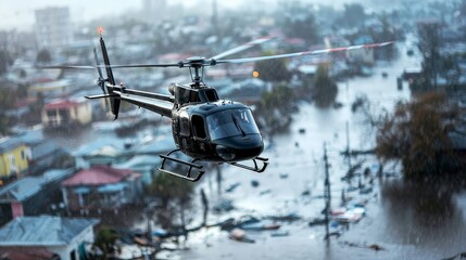 A helicopter flying over a hurricane-affected area, capturing images of the destruction below, including flooded homes and debris