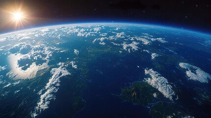 Obraz premium An aerial shot showcasing the curvature of planet Earth, with a blue sky and clouds in the background..