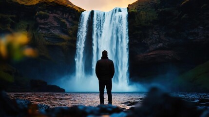 Obraz premium Incredible waterfall in Iceland with the silhouette of a man enjoying the breathtaking view of nature..