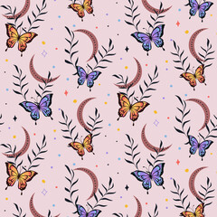 Pattern with butterflies and leaves.Vector seamless pattern with butterflies and leaves on a colored background.