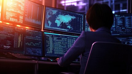 Technical operator monitoring AI activities on multiple displays in a system control room, pastel colors..