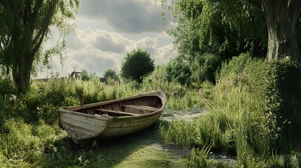 Tranquil River Scene with a Rowboat