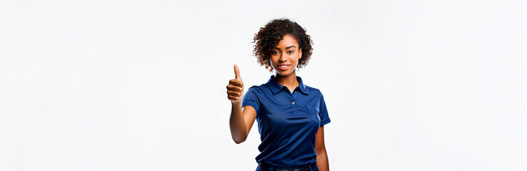 A smiling Black woman in a navy blue polo shirt is giving a thumbs up against a white background.