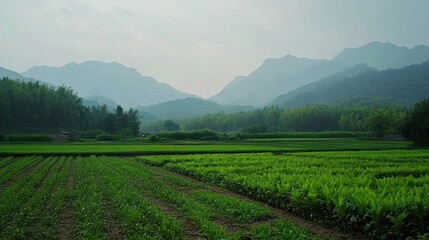 Fototapeta premium Serene Green Landscape with Rolling Hills and Farmland