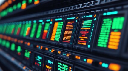 Naklejka premium Futuristic Server Room with Colorful Digital Displays and Data Monitoring