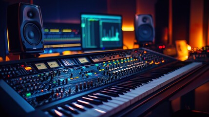 Modern music studio control desk showcasing a DAW user interface with playing songs and professional equipment..