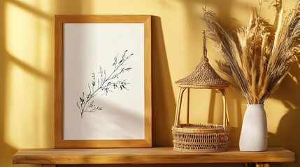 Beige boho living room with a poster frame, dried flowers, wooden console, hanging rattan hut, and accessories..