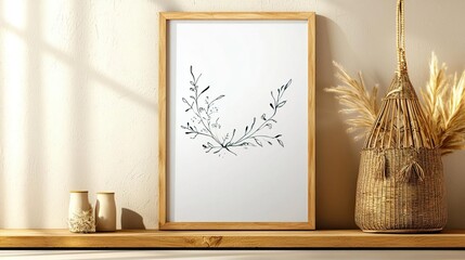 Beige boho living room with a poster frame, dried flowers, wooden console, hanging rattan hut, and accessories..