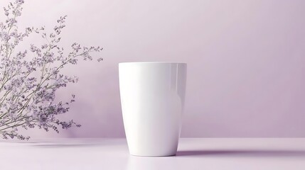 Minimalist Product Display with White Cylinder and Purple Flowers