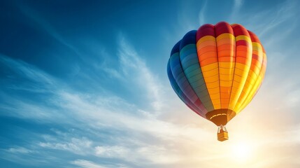Fototapeta premium A hot air balloon floating in the sky during golden hour, with the sunlight illuminating the vibrant colors of the balloon as it drifts peacefully