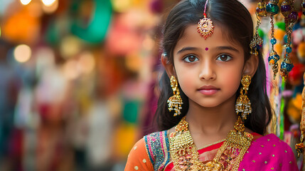 Fototapeta premium young Indian girl in traditional attire, standing against the backdrop of a vibrant, colorful market, her eyes filled with curiosity