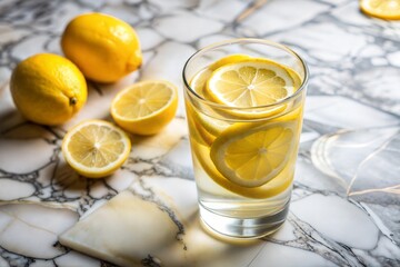 Glass of water with lemon slices on marble background