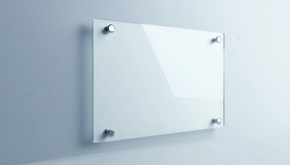 blank white glass sign mockup with four metal fastening nails on gray wall 