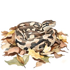 Obraz premium Python Snake Resting on Autumn Leaves Watercolor Illustration.