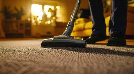 A person cleans a carpet with a vacuum cleaner, efficiently removing dirt and debris..