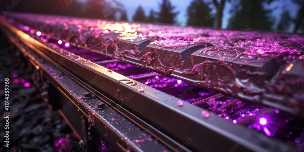 Poster a close up perspective of a textured metal surface with a purple hue illuminated by small lights and