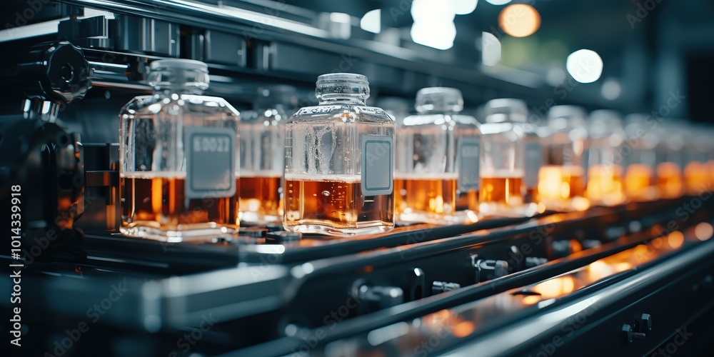 Poster Bottles filled with amber liquid moving on a conveyor belt in a factory setting. The bottles have blank labels and appear to be ready for packaging or distribution.