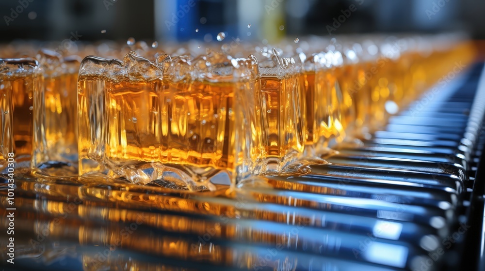 Aufkleber a close-up of a line of glass containers filled with a liquid, with the liquid splashing as it moves