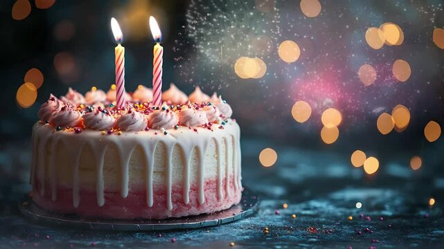 stunning birthday cake with candles on dark bokeh background
