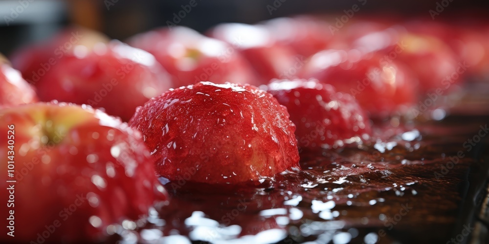 Aufkleber A Row of Shiny, Wet Apples, Each Covered in Tiny Droplets of Water, Creating a Sparkling and Delicious Visual Feast
