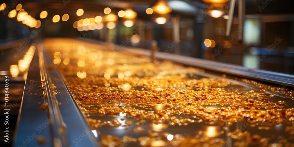 Poster close-up view of a conveyor belt with shiny, golden particles moving along the surface, illuminated 