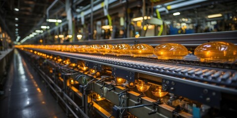 Naklejka premium A row of glowing amber orbs moves along a conveyor belt in a modern industrial setting.