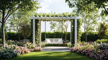 Obraz premium Pergola in a suburban garden with a swing amidst blooming flowers and hedges.