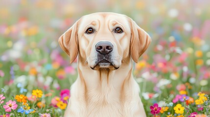 Golden Labrador Retriever Dog in Field of Wildflowers  Spring Pet Portrait