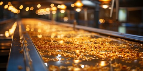 Close-up view of a conveyor belt with shiny, golden particles moving along the surface, illuminated by warm overhead lights.