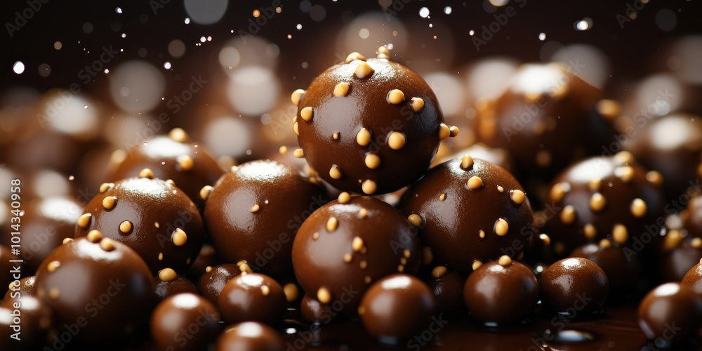 Poster a cluster of decadent chocolate spheres, each adorned with delicate caramel flecks, bathed in a pool