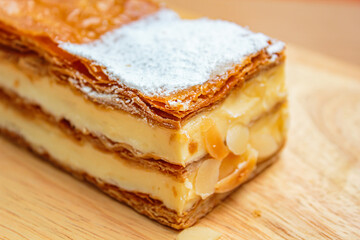 Mille feuille cake layers cream napoleon dessert.