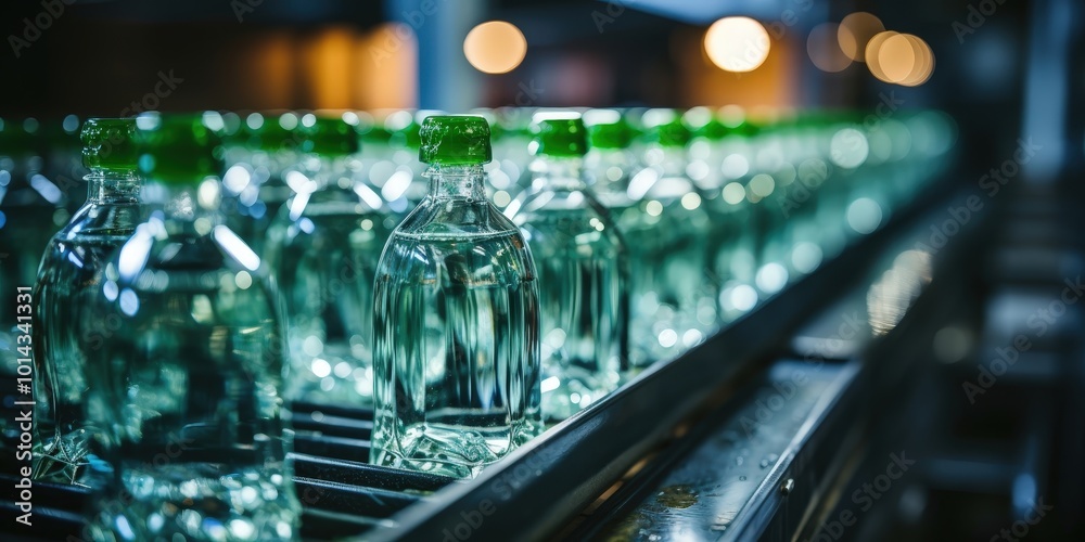 Poster a conveyor belt transports rows of clear glass bottles with green caps, each filled with a transluce