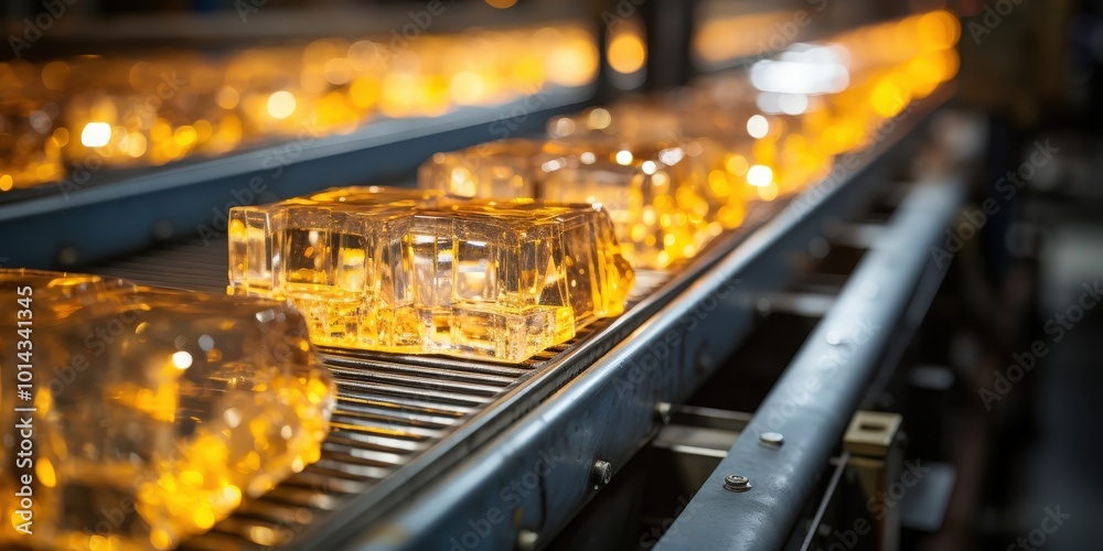 Aufkleber a close-up shot of a conveyor belt filled with clear, golden, rectangular blocks, glowing from withi