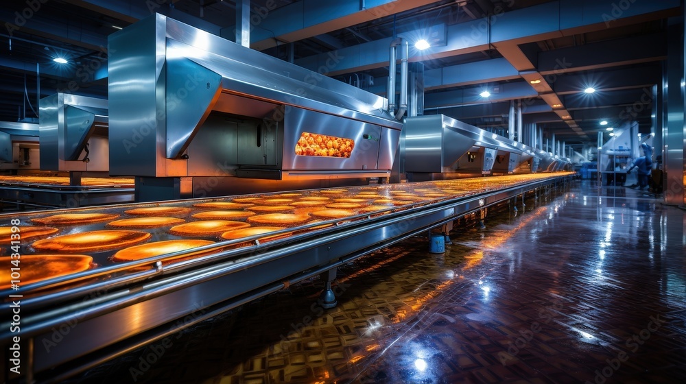 Poster a glimpse into the heart of a modern industrial bakery, showcasing the automated production line whe