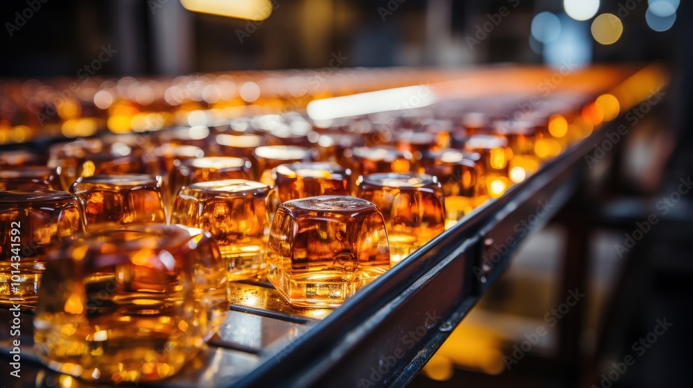 Poster a row of amber glass objects on a conveyor belt, glowing with an inner light