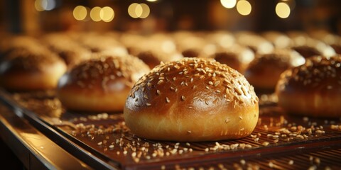 A freshly baked bun with a golden crust and a sprinkling of seeds, showcasing the artisanal craftsmanship of a bakery