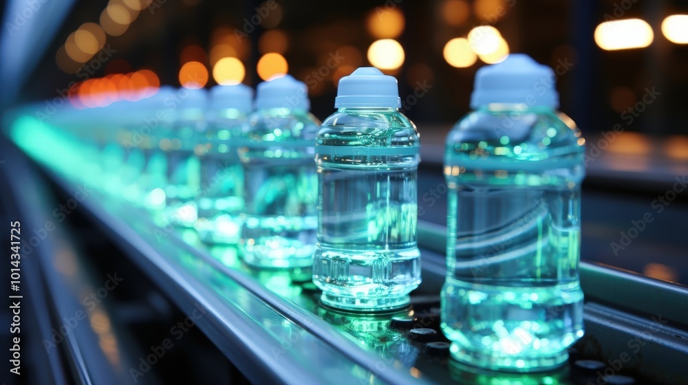 Poster bottles of water moving on a conveyor belt, illuminated by glowing lights, a sense of automation and