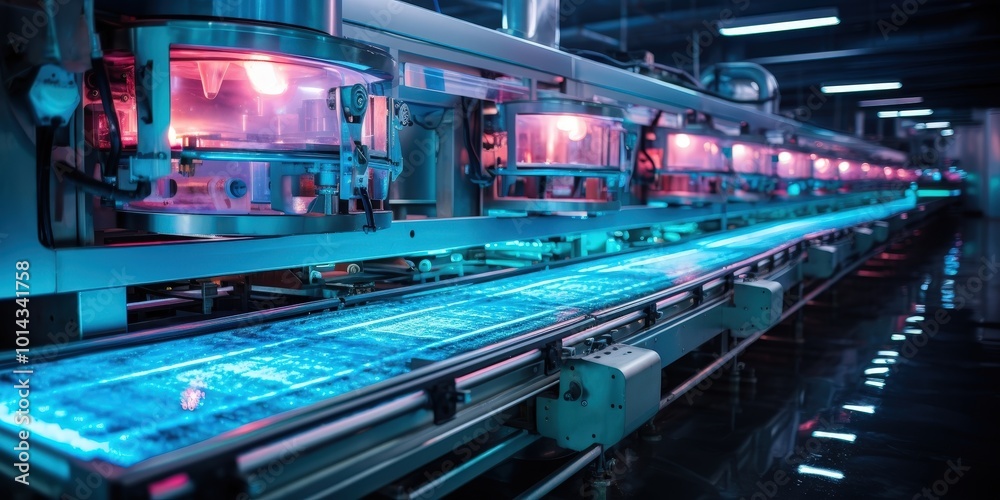 Poster automated industrial conveyor belt with a glowing blue surface and red lights reflecting on the floo