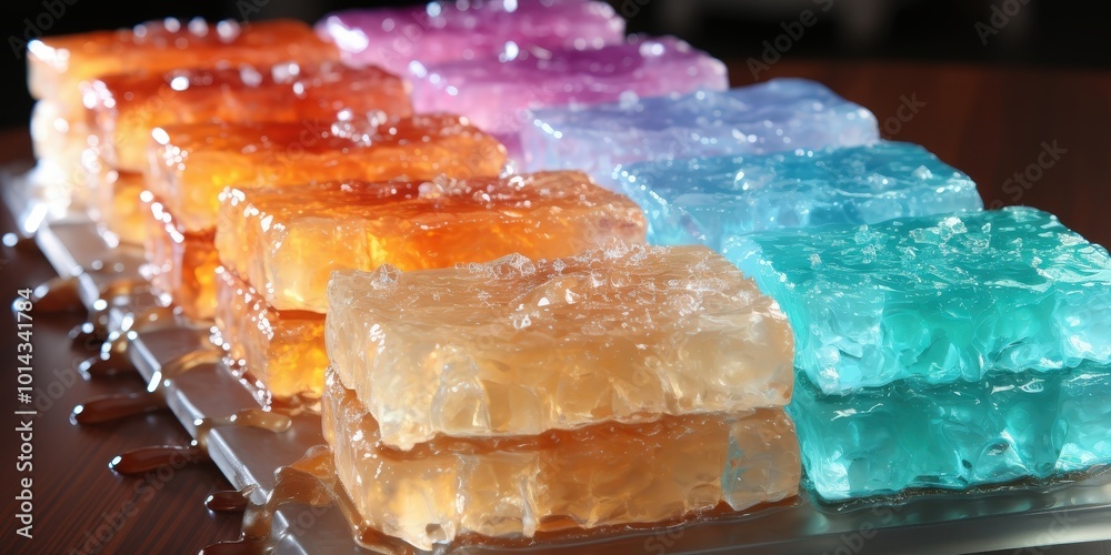 Poster A Symphony of Colors Translucent Gelatin Cubes Arranged in a Gradient of Hues, Reflecting Light with a Shimmering Effect