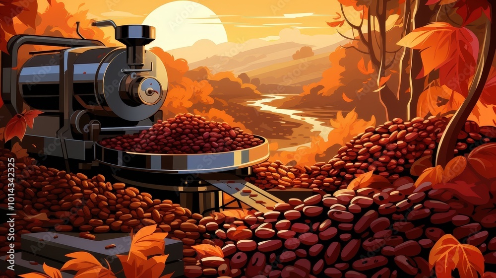 Poster an autumnal landscape featuring a coffee roaster surrounded by mountains of roasted coffee beans. th
